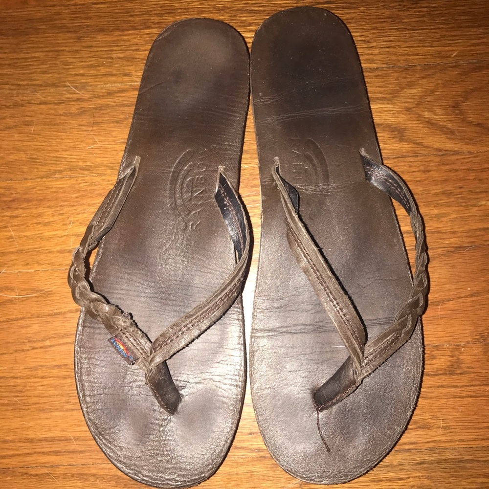 Brown leather Braided rainbow flip flops